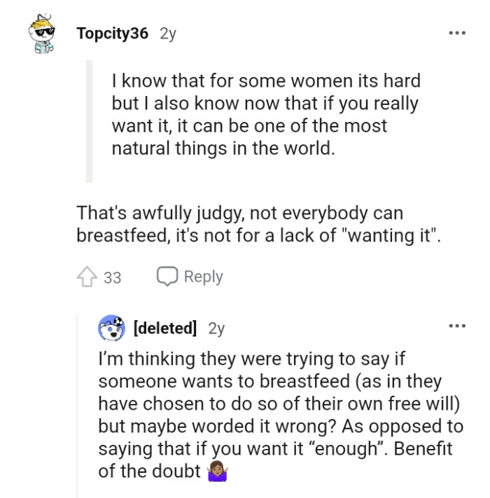 This Redditor says that the OP's statement is judgmental, as not everyone can breastfeed