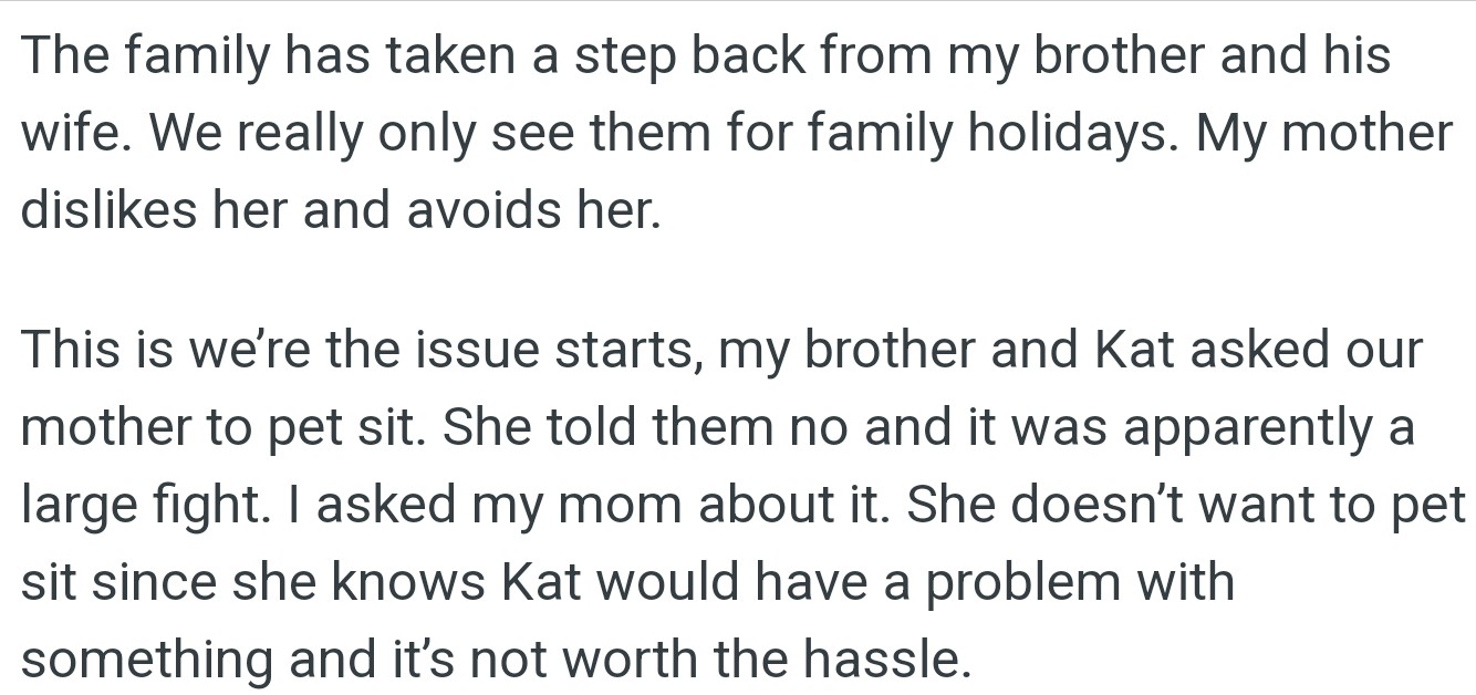 OP's family has a strained relationship with OP's brother and his wife Kat, stemming from their mother's strong dislike for Kat.