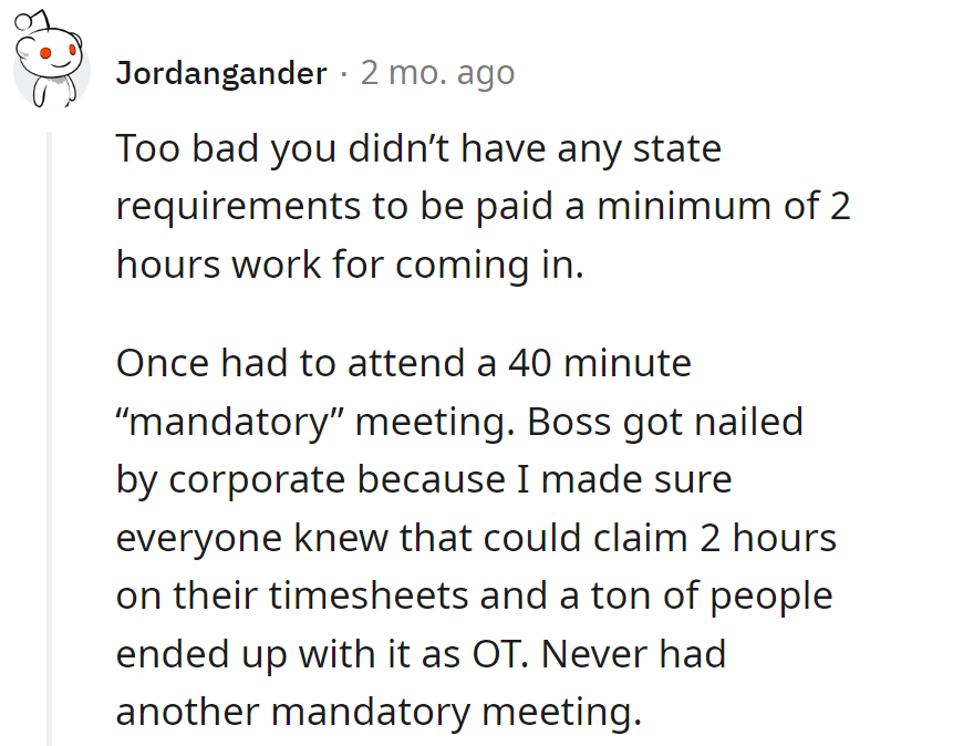 Turned a 40-minute meeting into a payday coup. Boss learned the hard way—mandatory doesn't beat the timesheet loophole!