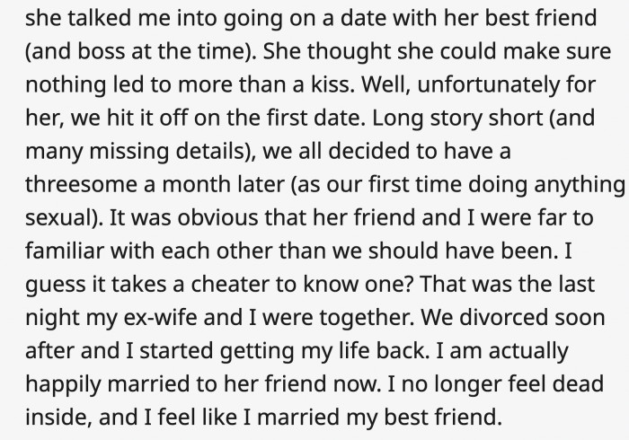 ... inadvertently introduced her husband to his affair partner and future wife