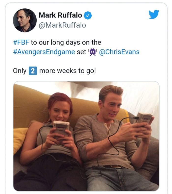 Here they are playing video games together on the set of Avengers.