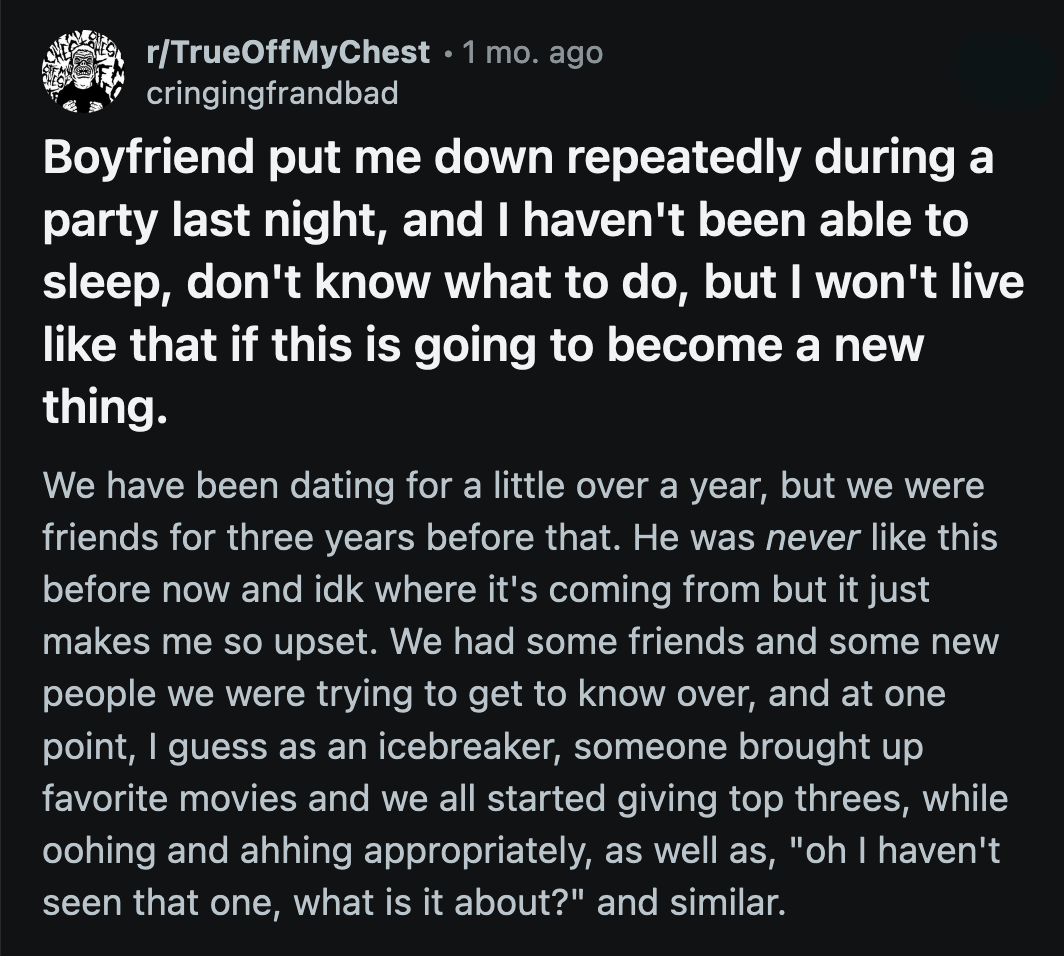 The rest of the group was nearly as uncomfortable as OP, who, at one point, had to excuse herself to gather her emotions.