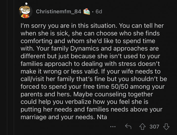 OP shouldn't be forced to spend time equally with his wife's family.