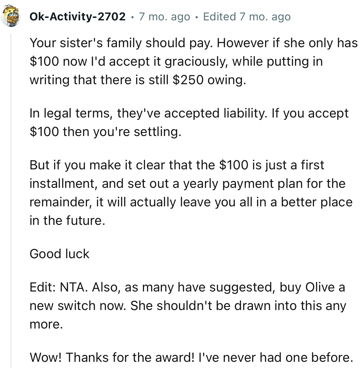“Make it clear that the $100 is just a first installment, and set out a yearly payment plan for the remainder.”