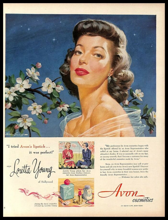 1950, Avon Cosmetics Lipstick Ft. Loretta Young's Art Portrait