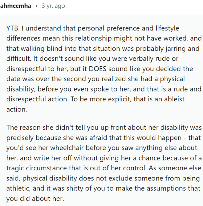 The reason she didn't tell OP up front about her disability was: