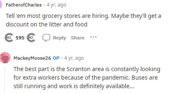 Some people came to the comments to talk about all the jobs available instead of her having to ask for money, which is very true.