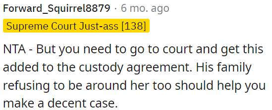 OP should go to court to include this in the custody agreement since his family also doesn't want to be around her, which can strengthen OP's case.