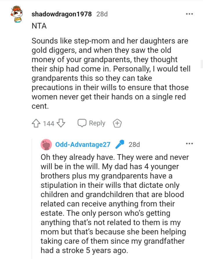 This Redditor would tell the grandparents to take precautions in their wills