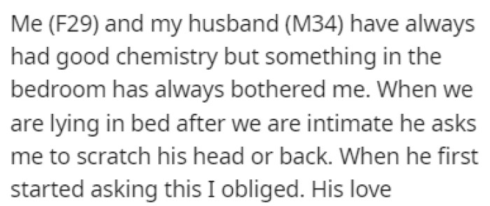 OP and her husband have always had good chemistry in the bedroom, but lately, something has been bugging her