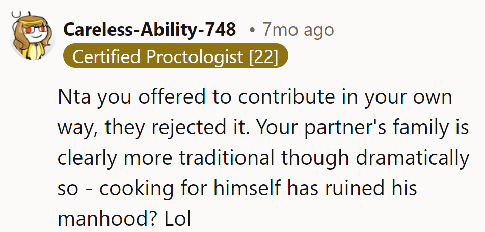 His family's traditional, but claiming cooking ruins manhood?