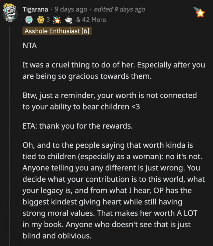 OP's or anyone else's worth is not determined by their ability to bear children. Your actions and words have more to say about your legacy — looking at you, Alessia and husband!