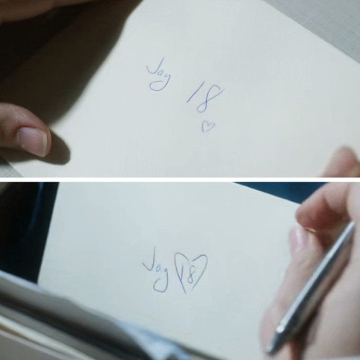 4. In a scene from Resident Alien Season 2, Asta (Sam Tomko) wrote a birthday card in two different forms across two shots.