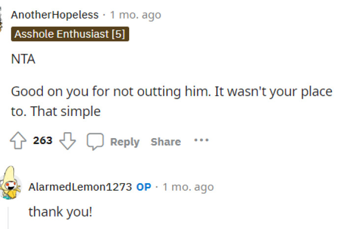 Simply put, we have to agree: it's not her place to tell.