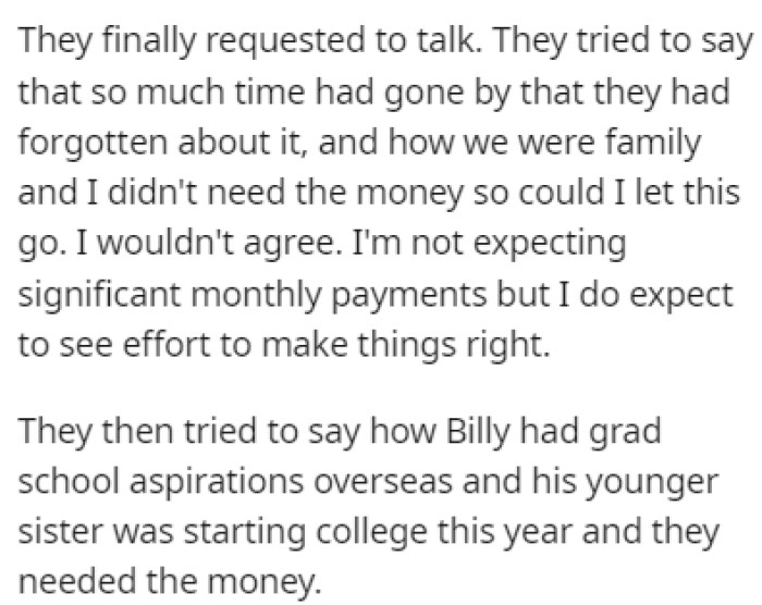 Eventually, the parents reached out to OP in an attempt to persuade him to forget all about it.