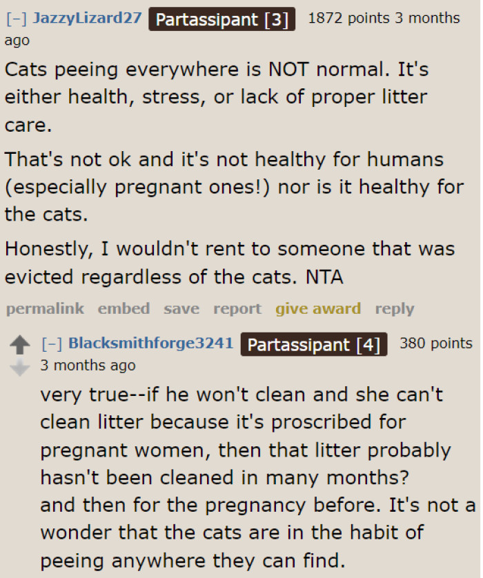 The friend's lack of litter care caused the cats to pee everywhere.