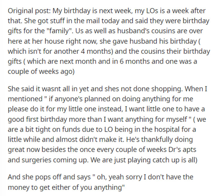 This is when she gets into the details of the original post and what happened regarding her situation and her birthday gifts.