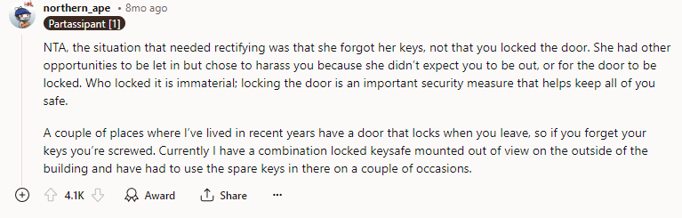 NTA - locking the door is an important security measure