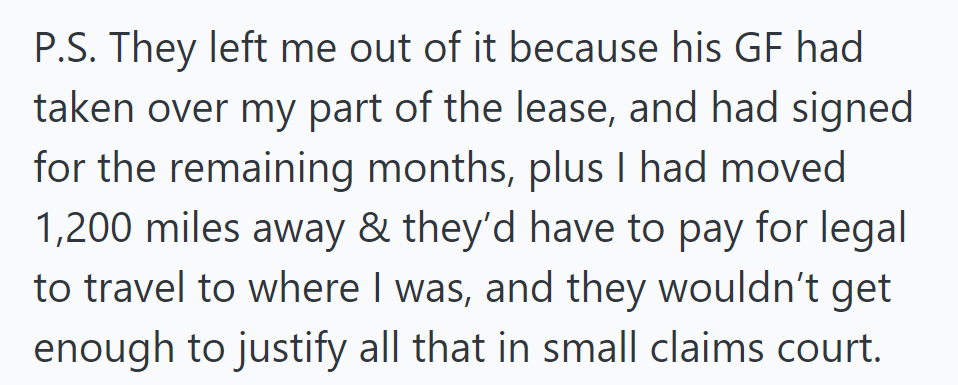 They Excluded Him as His Girlfriend Took Over the Lease, and Legal Action Wasn't Worth It with Their 1,200-Mile Move.