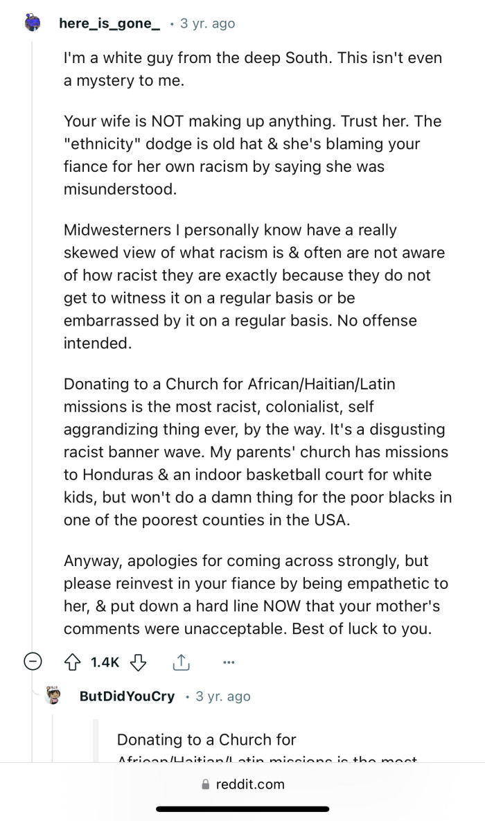 “Reinvest in your fiancée by being empathetic to her, & put down a hard line NOW that your mother's comments were unacceptable.”