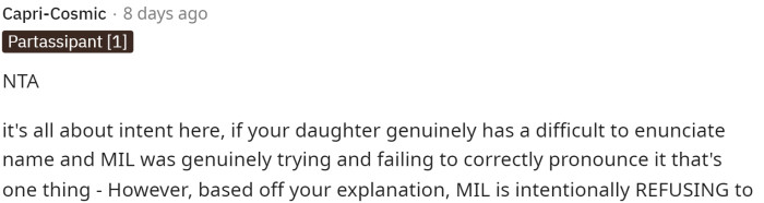 The first comment states that she's NTA and goes into a deep dive on why her MIL is wrong for her actions.