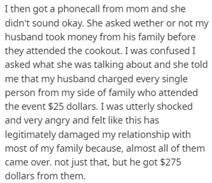 OP Later Found Out That Her Husband Charged Her Family $25 for Attending the Cookout