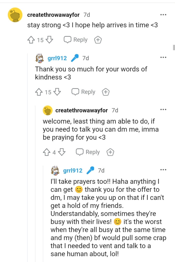 The OP thanks this Redditor for the words of kindness