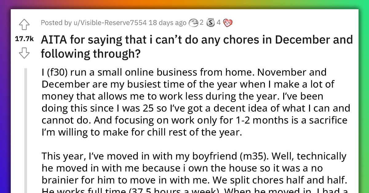 Redditor With An Online Business Doesn’t Have Time To Do House Chores During Busiest Two Months Of The Year - BF Doesn’t Want To Take On The Extra Load, Calls Her Lazy B*tch