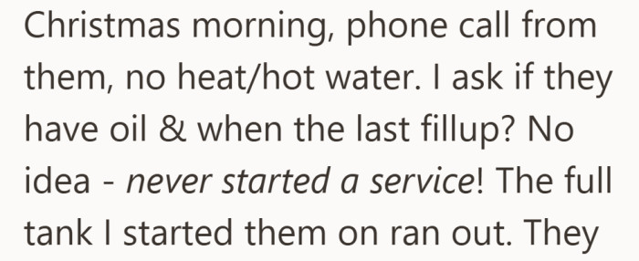 The emergency surfaces on Christmas morning when the tenants realize the heat issue is more serious than expected.