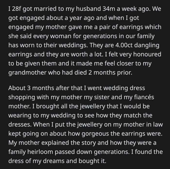 When OP went back, her heirloom earrings were gone and so was her MIL