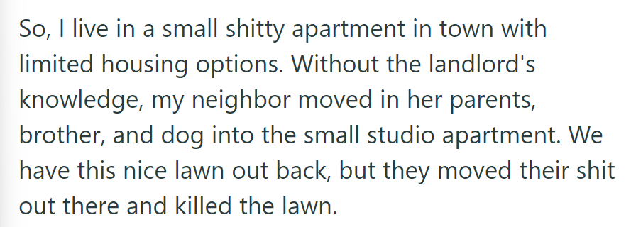 OP finds their neighbor overcrowding their small apartment with family and a dog, ruining the shared lawn.