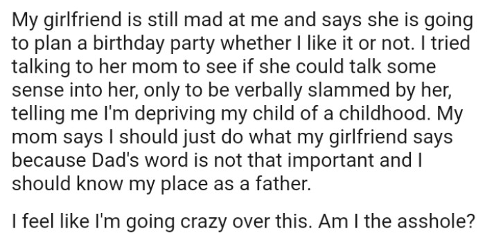 OP's mom says he should just do what his girlfriend says because dad's word is not that important.