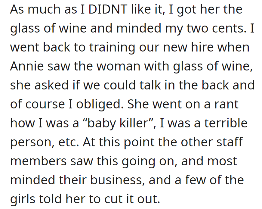 OP served the pregnant woman wine, and Annie accused her of being a 