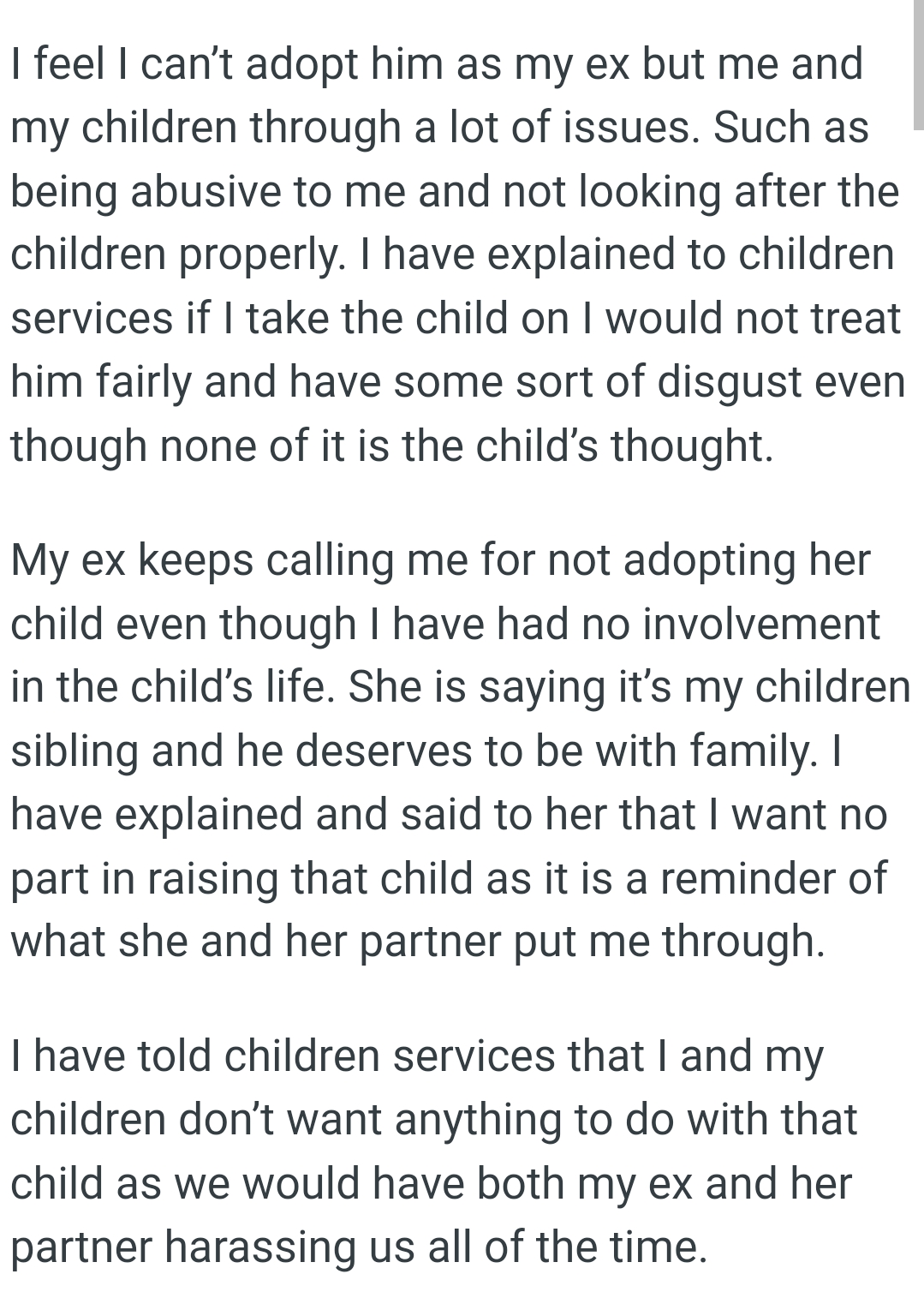 OP's ex keeps calling him for not adopting her child even though he has had no involvement in the child’s life