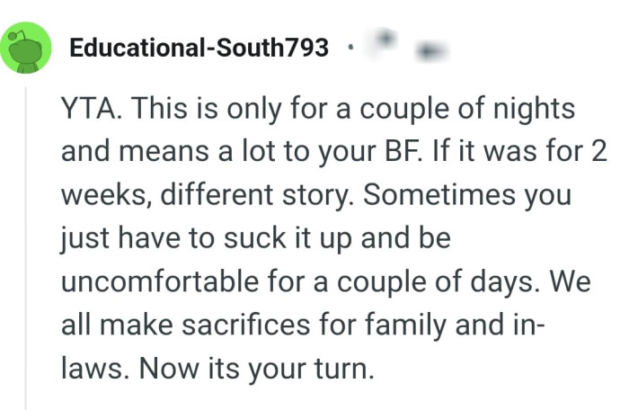 We all make sacrifices for family and inlaws