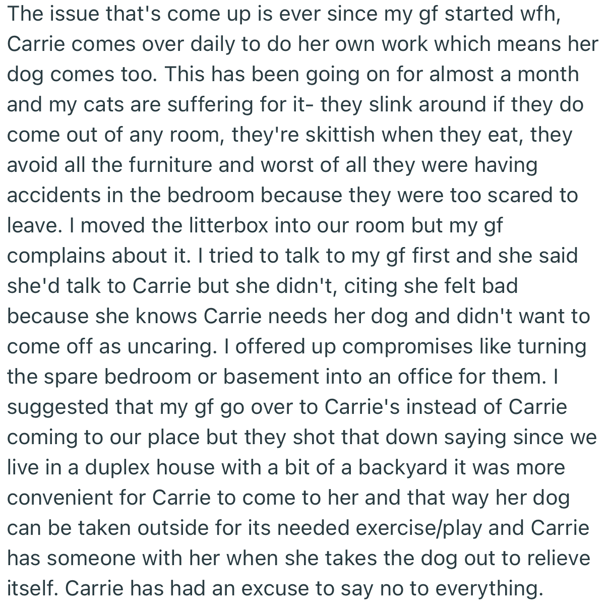 OP suggested a lot of compromises to remedy the situation, but all were turned down by both their girlfriend and Carrie