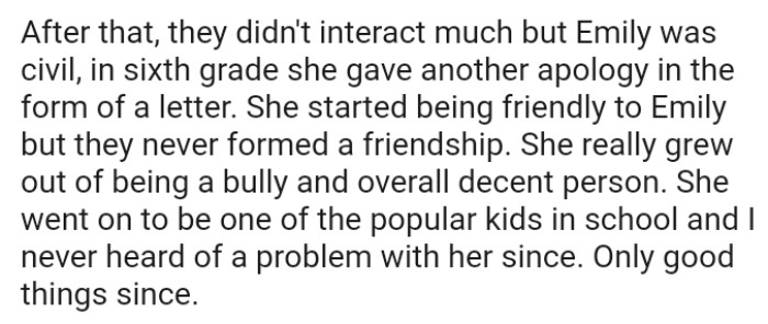 The bully started being friendly to the OP's daughter, but they never formed a friendship.