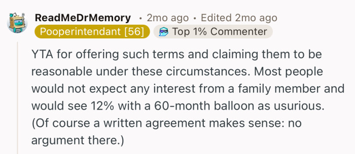 “YTA for offering such terms and claiming them to be reasonable under these circumstances.”