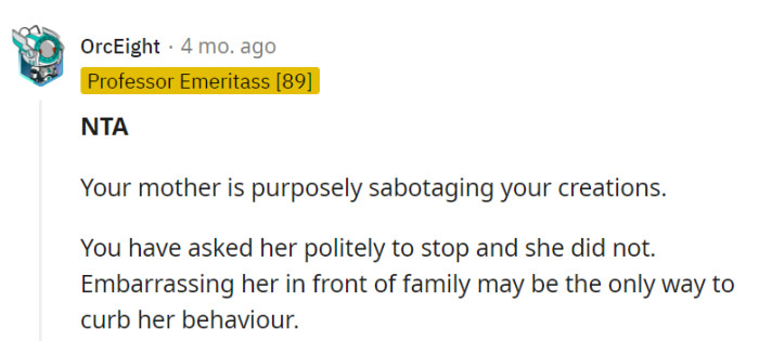 With her mom as the dessert saboteur, diplomacy hasn't worked, so it's time for a public dessert intervention to save those sweets.