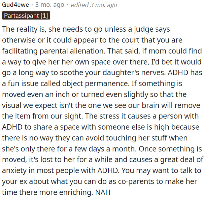 The bottom line is that OP's daughter should leave unless a judge says otherwise, to avoid the appearance of parental alienation.