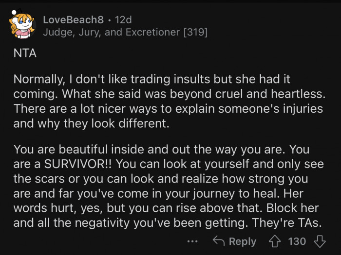 The aunt's words were cruel and heartless, and she deserves the comeback.