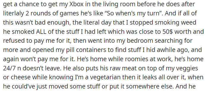 He dominates the Xbox and space, consumes her belongings without reimbursement, invades her privacy, and disregards her vegetarian needs by carelessly placing raw meat on her food.