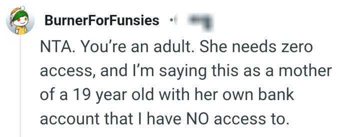 She needs zero access to the OP's account