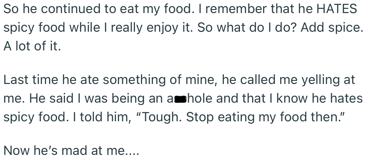 OP decided to punish her boyfriend by making the food extra spicy, which she knew he was going to hate