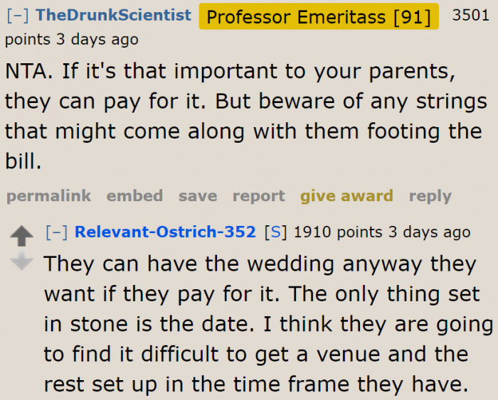 The OP Is Okay with Her Parents' Plans as Long as They Pay for It.