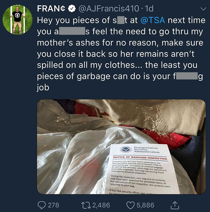 40. TSA Spilling His Mother's Ashes