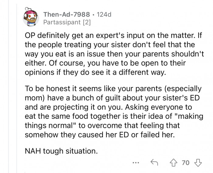 OP's parents are projecting their guilt onto her.