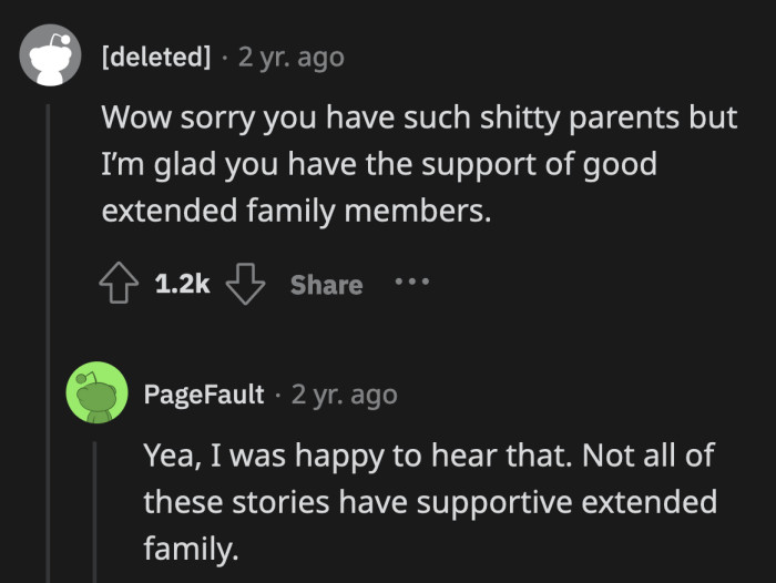 It looks like OP is surrounded by relatives. Her parents were an odd exception.