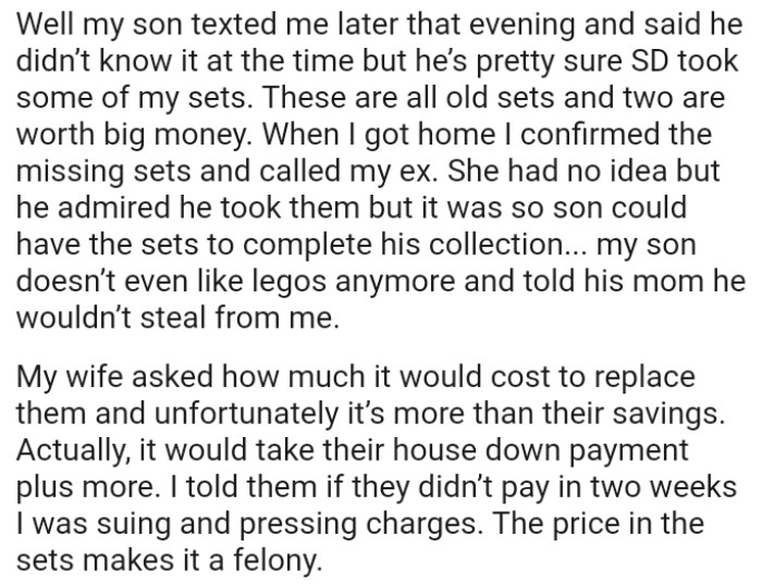 OP's son doesn’t even like legos anymore and told his mom he wouldn’t steal from the OP