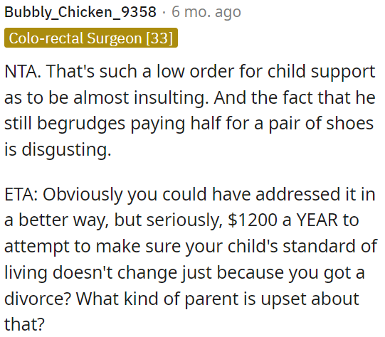 The child support amount is very low and almost insulting.